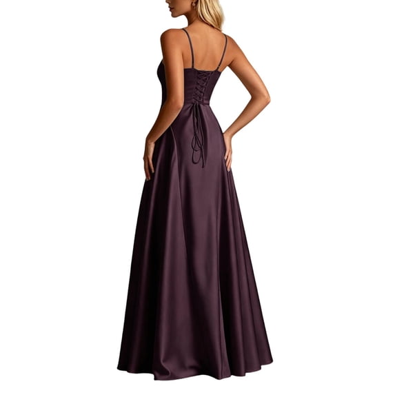 Dress for Women Satin Spaghetti Strap V Neck Cinched Waist Floor Length A Line Maxi Gown Elegant Evening Formal Dress for Wedding Party Prom