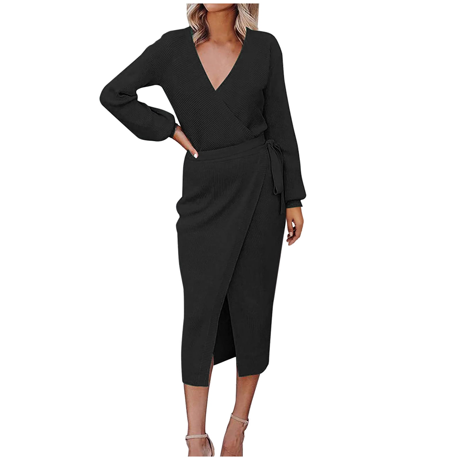 Sexy V-Collar Long-Sleeved Solid Color Bodycon Work Dress Sexy V-Collar Long-Sleeved Solid Color Bodycon Work Dress