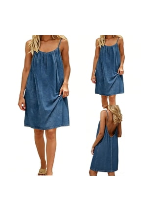 Dress for Women Sleeveless Denim Spaghetti Strap Backless Pleated Casual Chambray Mini Dresses Blue XL
