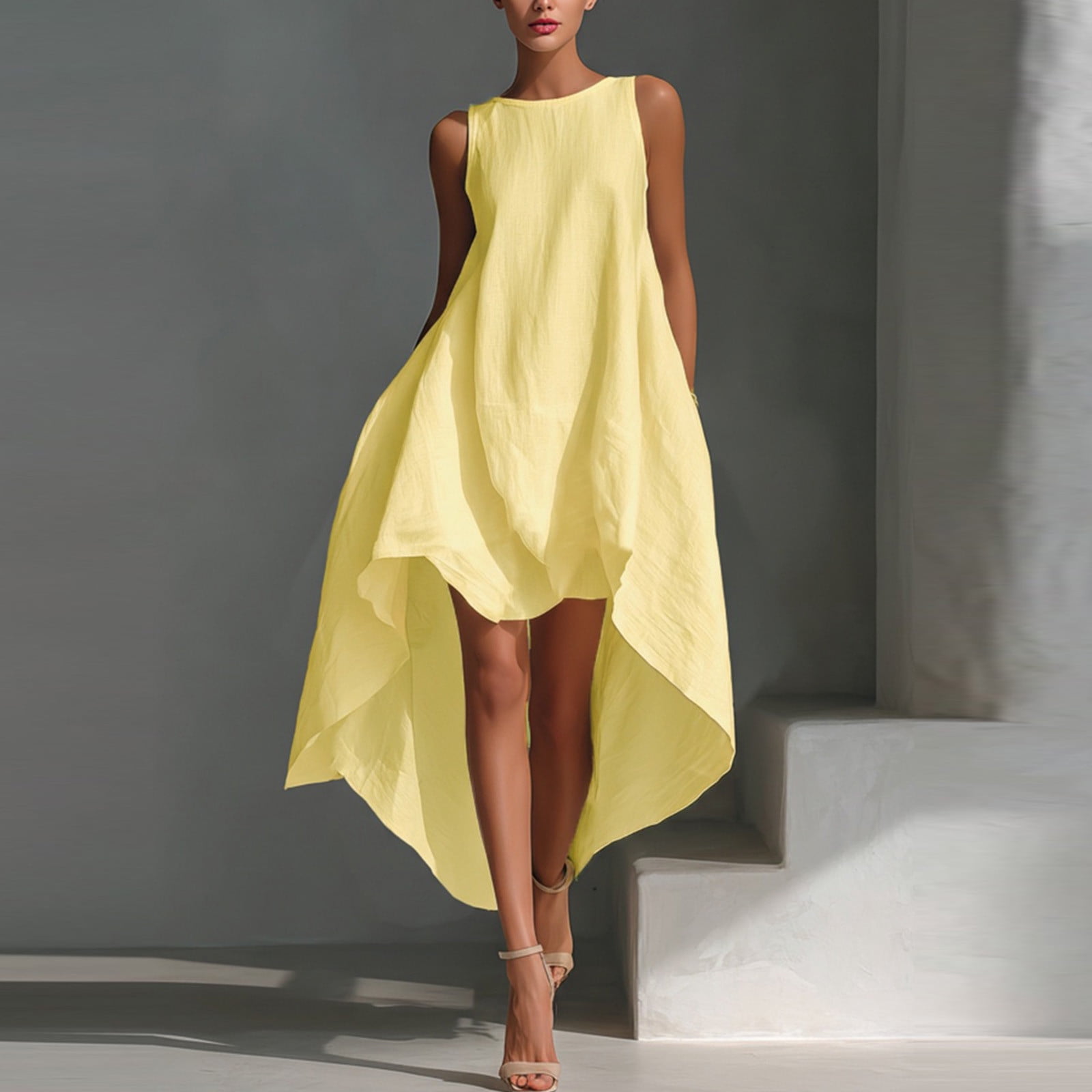 yellow sleeveless dresses Flossie Maxi Dress This yellow sleeveless jersey knit maxi dress features a relaxed straight silhouette with contrast ivory trim along the neckline WHLBF Dress for Women Sleeveless