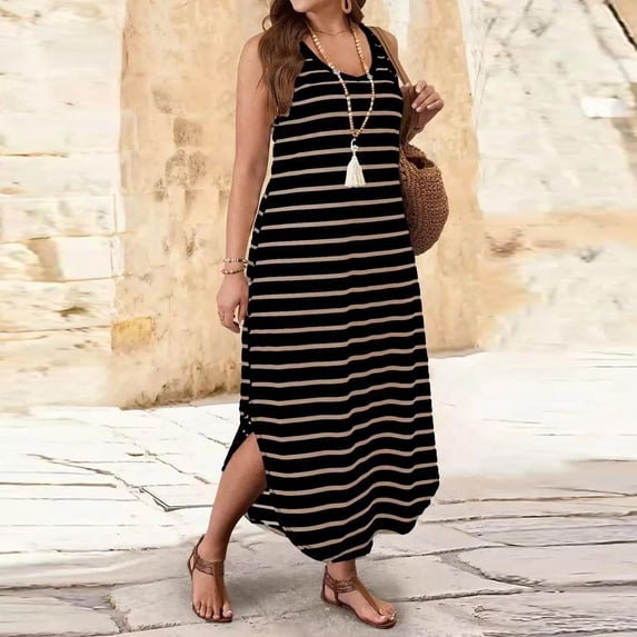 Dress for Women Sleeveless V-Neck Striped Maxi Casual Loose Curved Hem Side Split Dresses Black XXXXXL