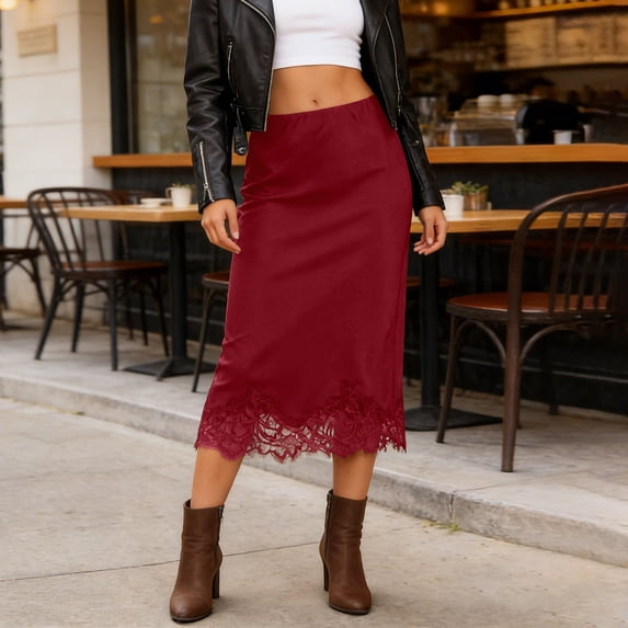 Dress for Women Solid Color Mini Skirt Lace Satin Panel Flowy A Line Bottom for Daily Dressy Occasions