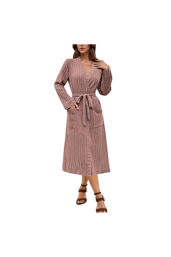 Dress for Women Striped Bathrobe Lightweight Long Sleeves Kimonos Knitted Robe Soft Belt Sleepwear with Pockets Tunic Nightgown for Vacation