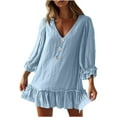 thumbnail image 1 of Dress for Women Summer Casual Loose Solid Color V-Neck Three-Quarter Sleeve Dress Flowy Swing Beach Vacation A Line Dresses, 1 of 7