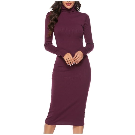 Dress for Women Turtleneck Ribbed Knit Long Sleeve Slim Fit Casual Fashion Party Outwear Sweater Dress