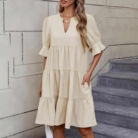 Dress for Women V Neck Casual Solid Color Loose Fit Everyday Comfort Dresses Beige M