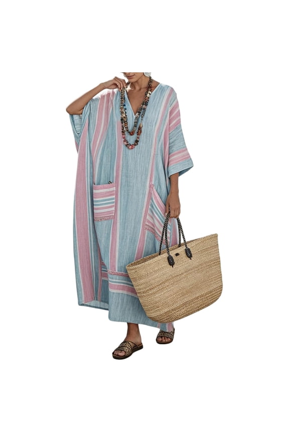 Dress for Women V-Neck Half Sleeve Striped Patch Pocket Kaftan Maxi Casual Boho Beach Cover Up Dresses Blue M
