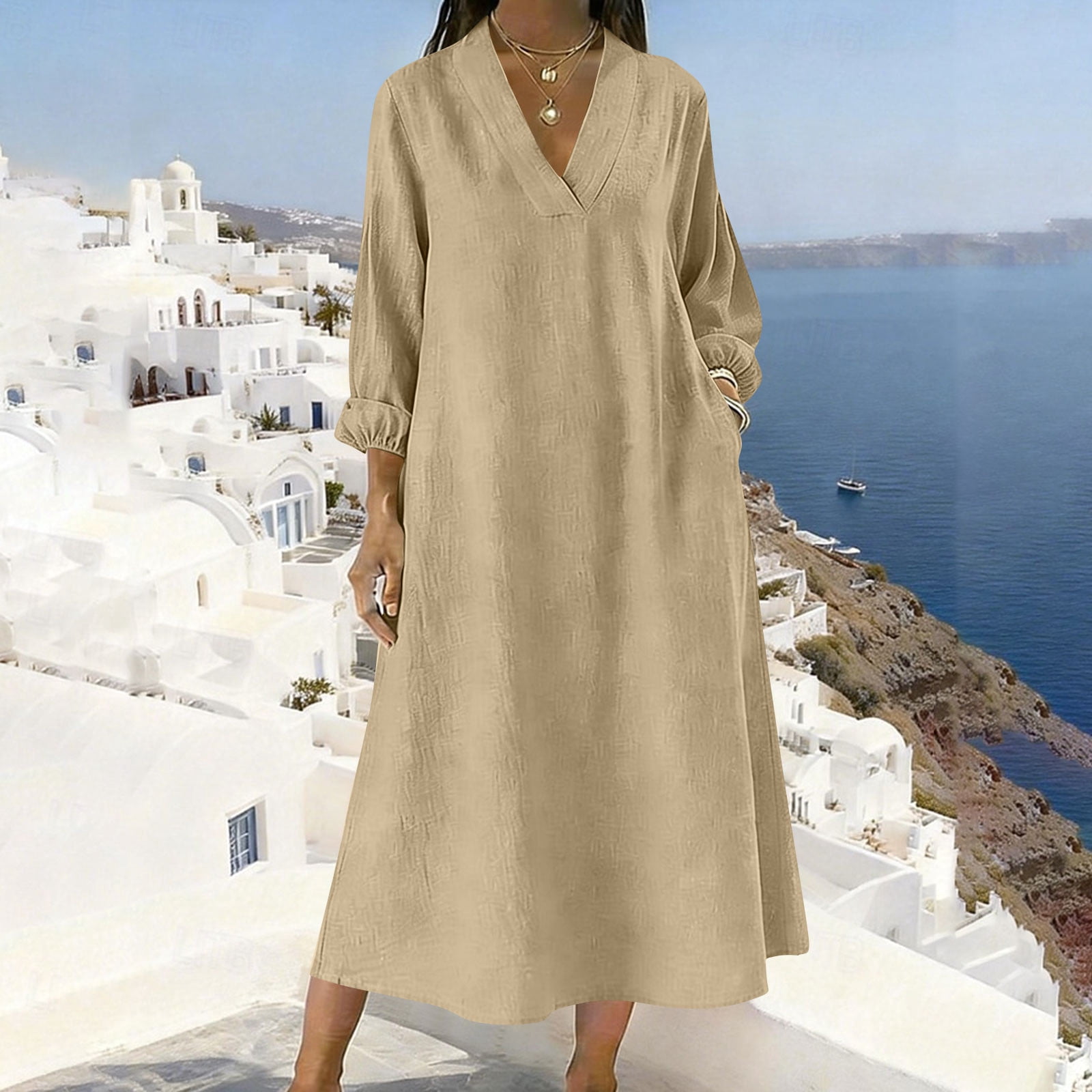 Dress for Women V-Neck Linen Casual Solid Color Pocket Dresses Khaki S