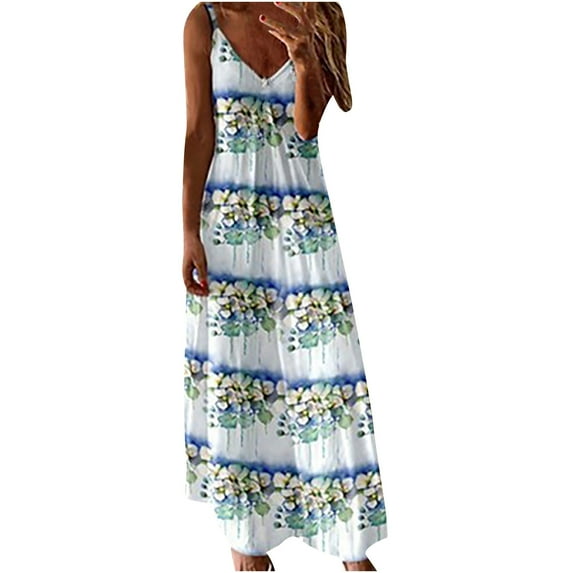 Dress for Women Wedding Guest, Ladies Spaghetti Strap Beach Dress V-Neck Loose Seaside Vacation Beach Cami Maxi Dresses Summer Long Dress