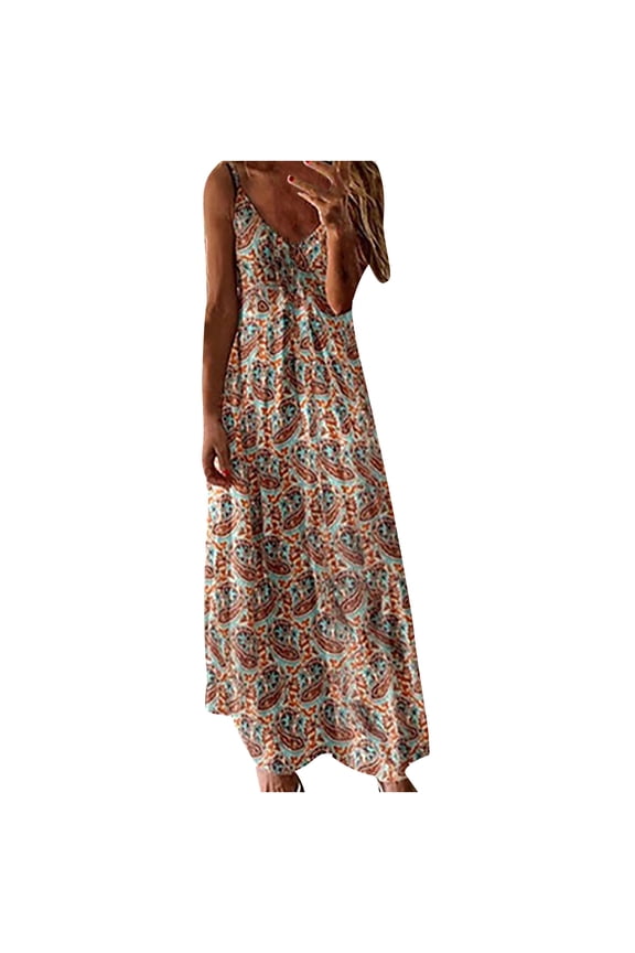 Dress for Women Wedding Guest, Ladies Spaghetti Strap Beach Dress V-Neck Loose Seaside Vacation Beach Cami Maxi Dresses Summer Long Dress