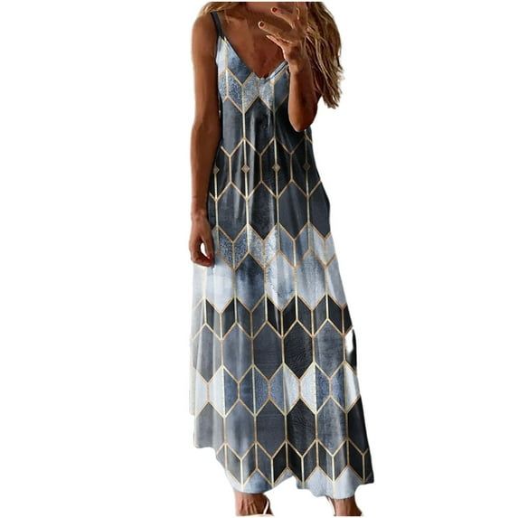 Dress for Women Wedding Guest, Women's Summer Bohemian Long Maxi Dress Casual Sleeveless V Neck Loose Sundress Beach Cover Up Long Cami Maxi Dresses