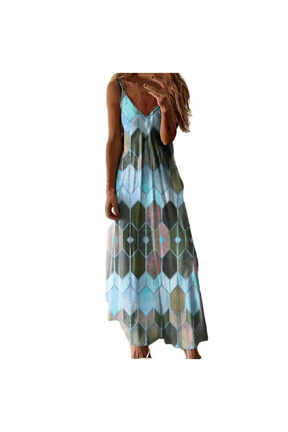 Dress for Women Wedding Guest, Women's Summer Bohemian Long Maxi Dress Casual Sleeveless V Neck Loose Sundress Beach Cover Up Long Cami Maxi Dresses
