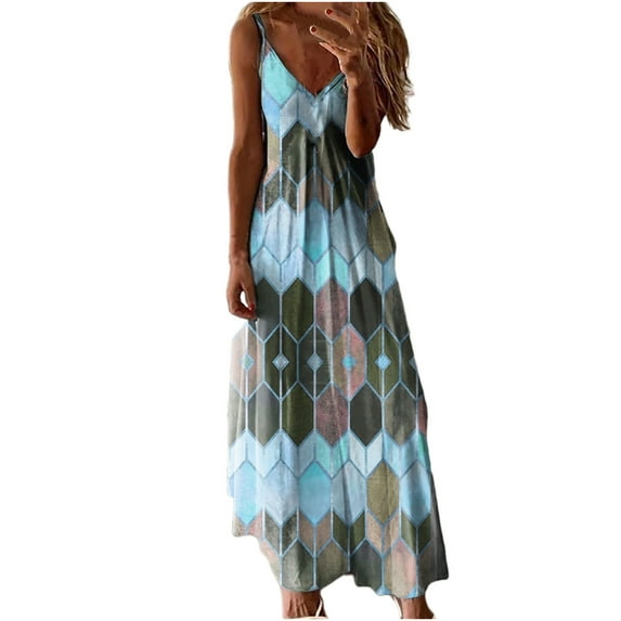 Dress for Women Wedding Guest, Women's Summer Bohemian Long Maxi Dress Casual Sleeveless V Neck Loose Sundress Beach Cover Up Long Cami Maxi Dresses