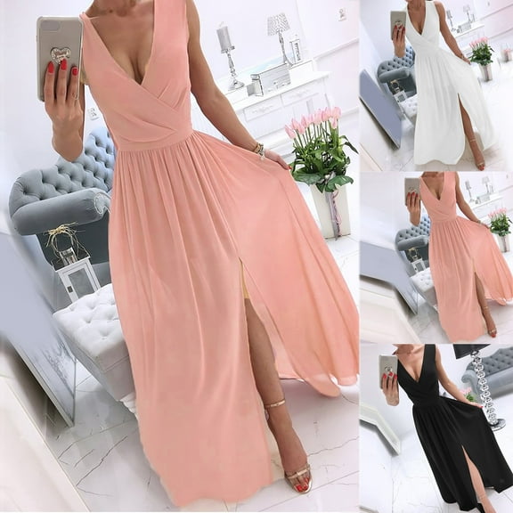 Dress for Women, Women's Fashion Casual England Loose Sleeveless Solid V-Neck Floor-Length Dress Pink qILAKOG Size M