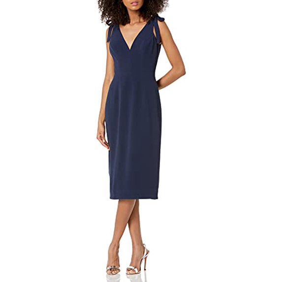 Dress the Population Womens Lita Sleeveless Plunging Midi Sheath Dress w Bows, Midnight Blue, S