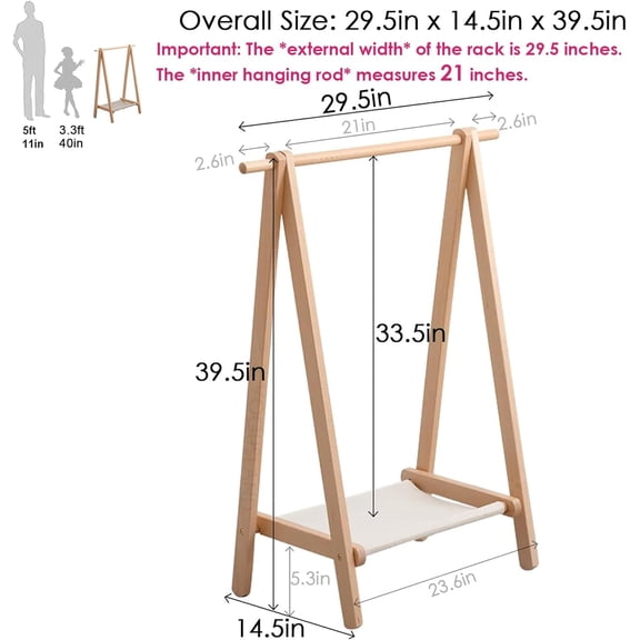 Dress up Rack, Child Garment Rack, Kids Clothing Rack with Storage Shelf (Natural Beech, 29.5" L x 14.5" W x 40" H)
