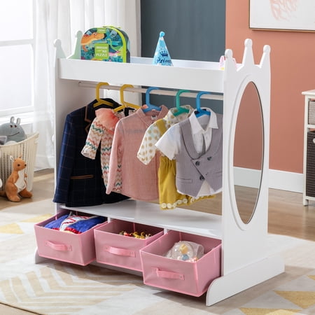 Dress up Storage Kids Girls Armoire Closet with Mirror, Side Pocket, Storage (White)