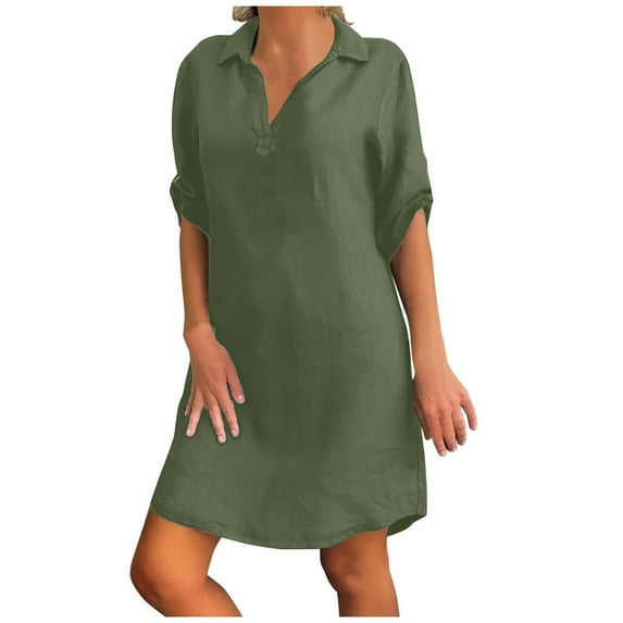 Dress with Sleeves Fashion Women‘S Casual Loose Solid Color V-Neck 3/4 Sleeve Dress Sundress 3/4 Sleeve Dress
