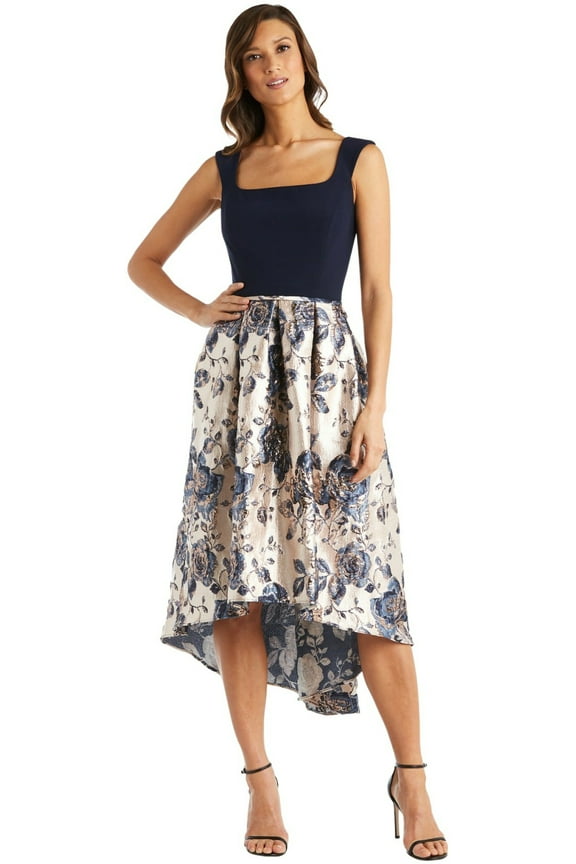 R and M Richards Women's Fit and Flare Metallic Brocade Square Neckline Floral High Low Dress