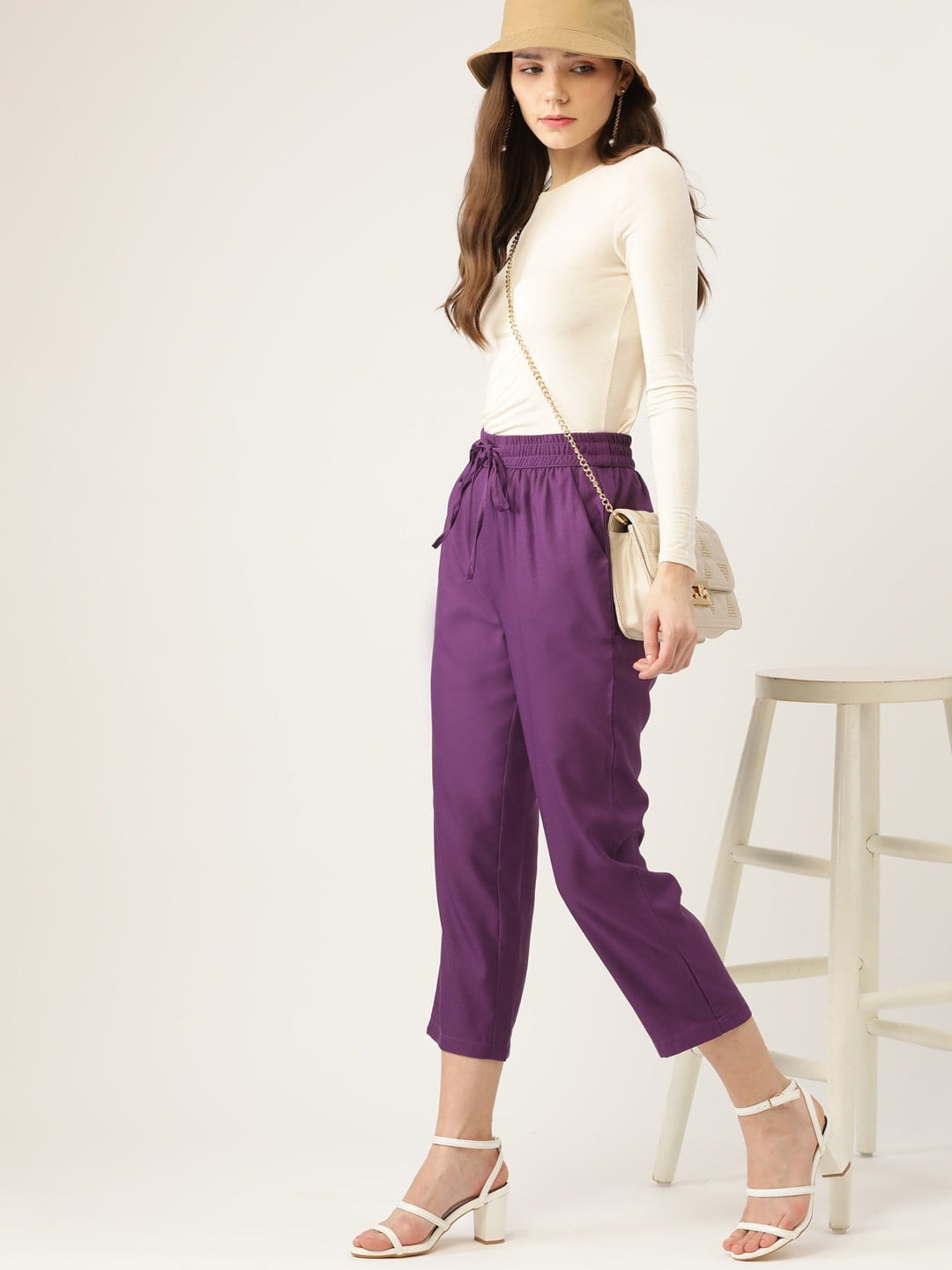 DressBerry By Myntra Women Purple Cropped Solid Mid Rise Regular Fit Polyester Ready to Wear Flat Front Regular Trousers With Pockets Walmart