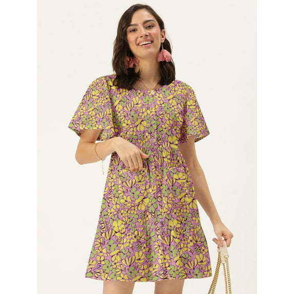 DressBerry Women's Printed Cotton Flex Dress Casual Summer Kimono Sleeves Thigh Length High Waist Round Neck Western Style Light Weighted High Rise Short Crepe Dress