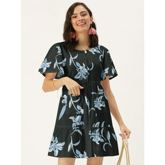 DressBerry Women's Printed Cotton Flex Dress Casual Summer Kimono Sleeves Thigh Length High Waist Round Neck Western Style Light Weighted High Rise Short Crepe Dress