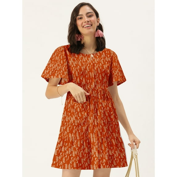 DressBerry Women's Printed Cotton Flex Dress Casual Summer Kimono Sleeves Thigh Length High Waist Round Neck Western Style Light Weighted High Rise Short Crepe Dress
