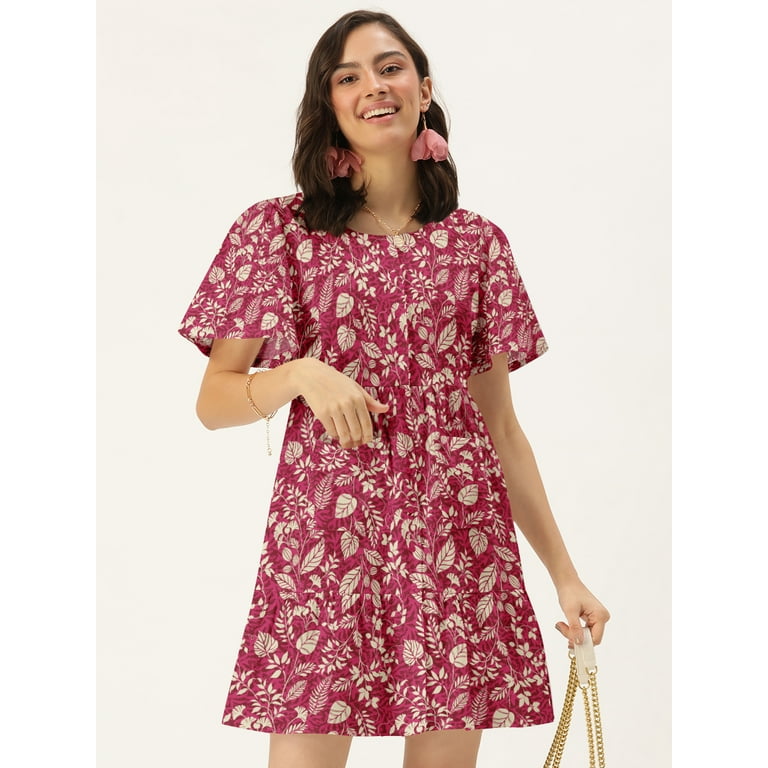 DressBerry Women s Printed Cotton Flex Dress Casual Summer Kimono Sleeves Thigh Length High Waist Round Neck Western Style Light Weighted High Rise