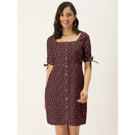 DressBerry Women's Printed Cotton Flex Dress Casual Summer Tie Up Elbow Sleeves Above Knee Length High Waist Square Neck Buttoned Front Western Style Light Weighted Straight Cut Short Dress