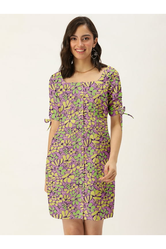 Women's Printed Cotton Flex Dress Casual Summer Tie Up Elbow Sleeves Above Knee Length High Waist Square Neck Buttoned Front Western Style Light Weighted Straight Cut Short Dress