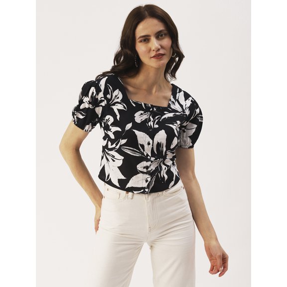 DressBerry Women’s Printed Cotton Flex Square Neck Top Front Buttoned Short Puffed Sleeves Waist Length Party Wear Light Weighted Casual Summer Top