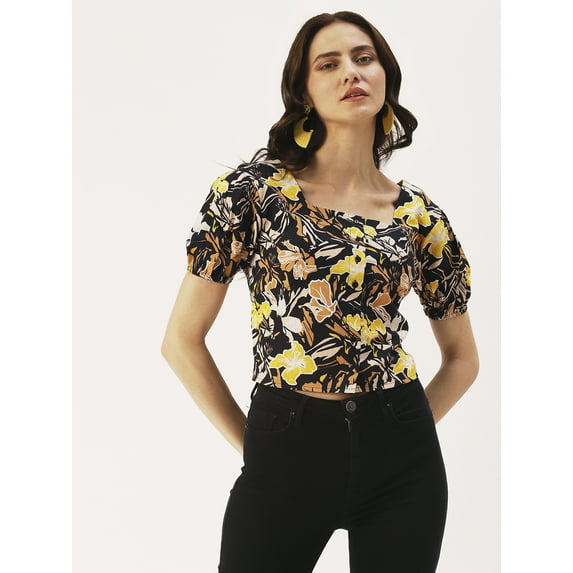 DressBerry Women’s Printed Cotton Flex Square Neck Top Front Buttoned Short Puffed Sleeves Waist Length Party Wear Light Weighted Casual Summer Top