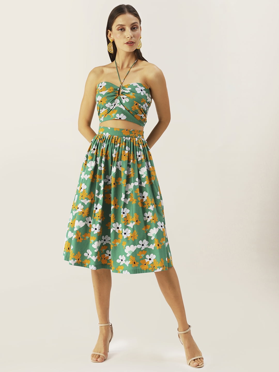 DressBerry Women's Printed Cotton Knee Length 2 PCS Skirt Top Set Spaghetti  Straps Shoulders Sleeveless High Rise Keyhole Neck High Waist 