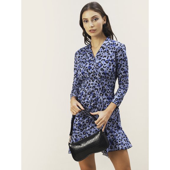 DressBerry Women's Printed Cotton Mini Shirt Dress Long Sleeves High Rise Buttoned Front V Neck Frilled Bottom Western Style Short Dress