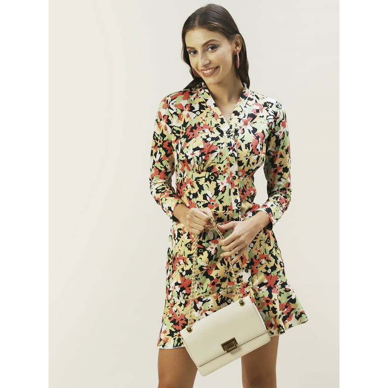DressBerry Women's Printed Cotton Mini Shirt Dress Long Sleeves High Rise  Buttoned Front V Neck Frilled Bottom Western Style Short Dress