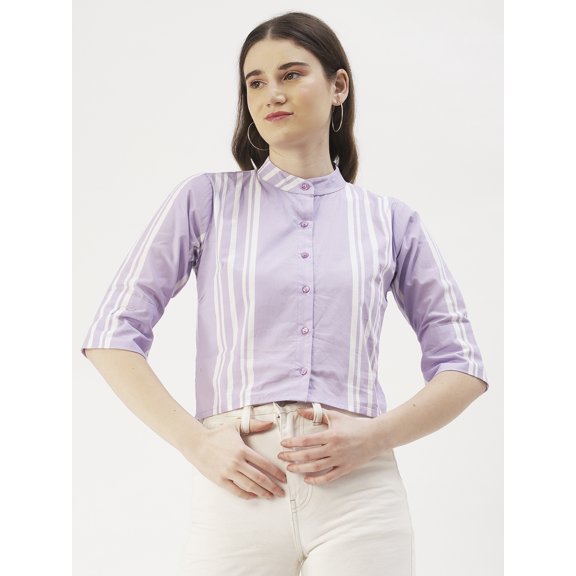 DressBerry Women's Printed Cotton Poplin Buttoned Front 3/4th Sleeves Crop Top Mandarin Collar Flared Casual Summer Wear High Waist Regular Short Shirt