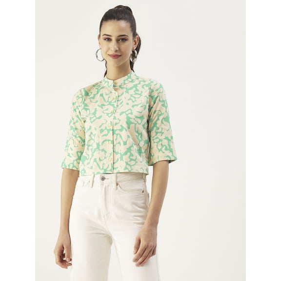 DressBerry Women's Printed Cotton Poplin Buttoned Front 3/4th Sleeves Crop Top Mandarin Collar Flared Casual&nbsp;Summer Wear High Waist Regular Short Shirt