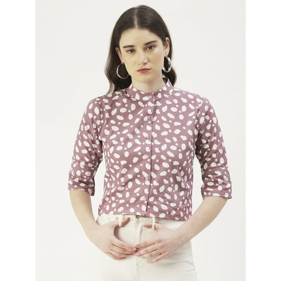 DressBerry Women's Printed Cotton Poplin Buttoned Front 3/4th Sleeves Crop Top Mandarin Collar Flared Casual Summer Wear High Waist Regular Short Shirt