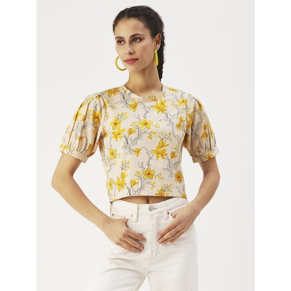 DressBerry Women’s Printed Cotton Poplin Crop Top Round Neck Short Sleeves High Waist Regular Wear Light Weighted Casual Summer Top