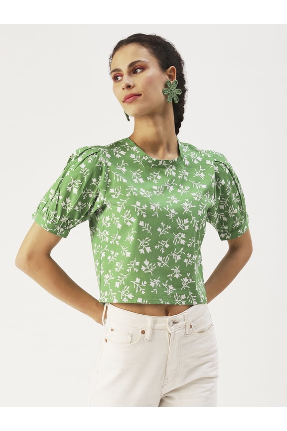 Women’s Printed Cotton Poplin Crop Top Round Neck Short Sleeves High Waist Regular Wear Light Weighted Casual Summer Top