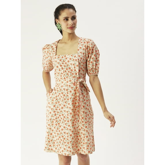 DressBerry Women’s Printed Cotton Poplin Dress Square Neck with Attached Fabric Belt Short Puffed Sleeves Knee Length Regular Wear Light Weighted Casual Summer Dress