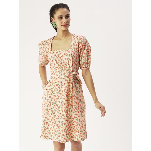 DressBerry Women’s Printed Cotton Poplin Dress Square Neck with Attached Fabric Belt Short Puffed Sleeves Knee Length Regular Wear Light Weighted Casual Summer Dress