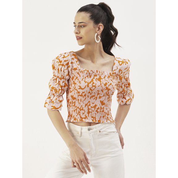 DressBerry Women's Printed Cotton Poplin Square Neck Ruffled Border Crop Top Flared Puff Sleeves Smocked Hem Casual Summer Wear High Waist Regular Blouse