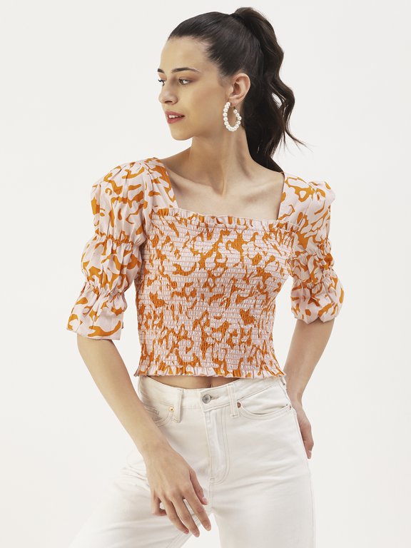 Women's Printed Cotton Poplin Square Neck Ruffled Border Crop Top Flared Puff Sleeves Smocked Hem Casual Summer Wear High Waist Regular Blouse