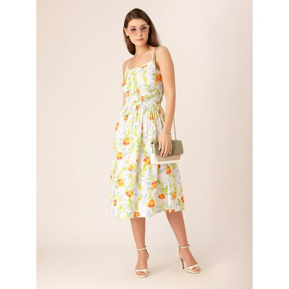 DressBerry Women's Printed Cotton Poplin Strap Shoulders Dress Sleeveless Calf Length Smocked Front Flared Hem Casual Summer Wear Midi Length Light Weighted Wavy Party Wear Dress