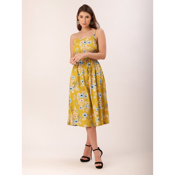 DressBerry Women's Printed Cotton Poplin Strap Shoulders Dress Sleeveless Calf Length Smocked Front Flared Hem Casual Summer Wear Midi Length Light Weighted Wavy Party Wear Dress