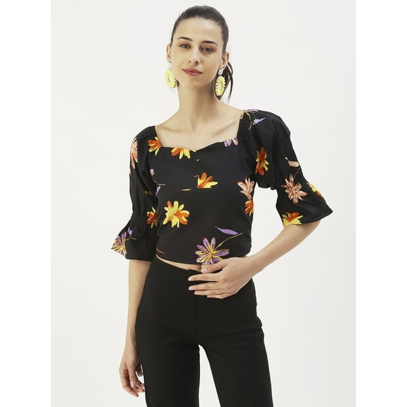 DressBerry Women's Printed Cotton Poplin Sweetheart Neck Smocked Back Crop Blouse 3/4th Puffed Sleeves Casual Summer Wear Waist Length Regular Short Top