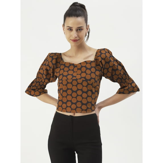 DressBerry Women's Printed Cotton Poplin Sweetheart Neck Smocked Back Crop Blouse 3/4th Puffed Sleeves Casual Summer Wear Waist Length Regular Short Top