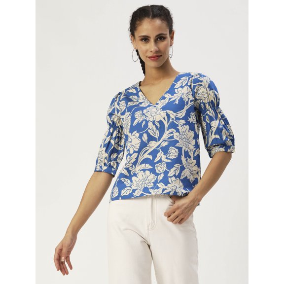 DressBerry Women’s Printed Cotton Poplin Top V Neck Flared Elbow Sleeves Waist Length Regular Wear Light Weighted Casual Summer Blouse