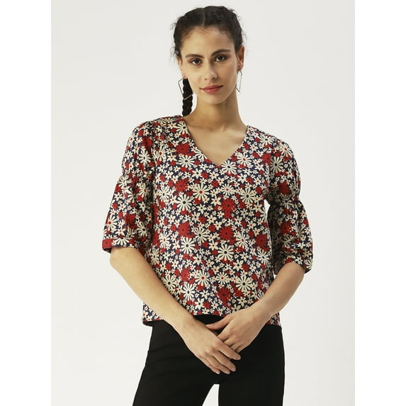 DressBerry Women’s Printed Cotton Poplin Top V Neck Flared Elbow Sleeves Waist Length Regular Wear Light Weighted Casual Summer Blouse
